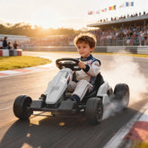 White and black aiyaplay 24v electric go-kart with adjustable seat and art branding for exciting rides ages 6-12