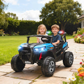 Blue and black aiyaplay 24v electric kids ride on car with remote control, suspension, and flashing roof lights