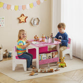 Pink and white AIYAPLAY kids table and chair set with storage compartments and heart accents promotes good posture