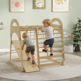 Light-colored wooden toddler climbing frame with monkey bars ramp and netting for endless fun and active play