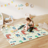 Aiyaplay baby play mat in soft green with colorful dinosaurs and non slip surface for safe baby play time