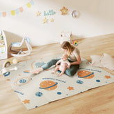 Cream-colored ai yaplay baby play mat with colorful cartoon planets stars and planet world text for baby play