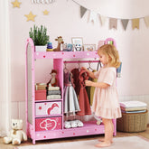 Pink kids clothes rail with heart and star decals mirrored door hanging rod and drawers for kids clothes storage