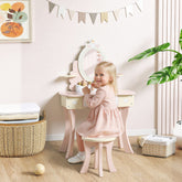 Pink wooden aiyaplay kids dressing table with heart-shaped mirror drawer and stool for girls playroom fun