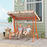 Bright orange metal aiyaplay kids double seat porch swing with seat belts and animal print canopy, perfect for two children