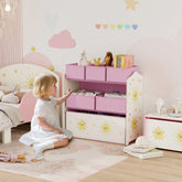 Pink and white aiyaplay kids 3-tier toy storage unit with 6 removable boxes 24w x 13hcm and smiling sun decals
