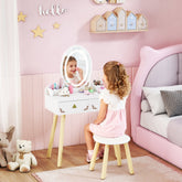 White kids dressing table with light wood legs, round 3-color led mirror, and two large drawers for storage