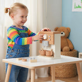 Aiyaplay kids wooden coffee machine toy with beige finish white control panel two cups and knobs for pretend play kitchen fun