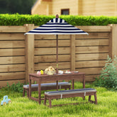 Navy blue and white striped patio umbrella with wooden fir wood pole for aiyaplay kids picnic table set