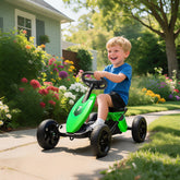 Bright green aiyaplay pedal go-kart for kids with silent eva wheels metal frame and black handlebars and wheels