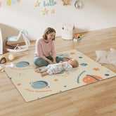 Beige aiyaplay space-themed baby play mat with colorful planets stars safe space and soft non-slip surface for baby play
