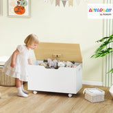 White wooden aiyaplay toy box with light wood lid casters and safety hinges for toddler playroom storage