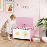 Pink and white wooden AIYAPLAY toy box with lid, safety hinges, sun and star decals for spacious storage in living room