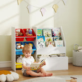 White wooden kids storage shelf with colorful plastic bins and open shelves for bedroom or nursery organization