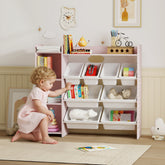 Pink aiyaplay toy storage unit with 8 removable white plastic bins and shelves for organized toy storage