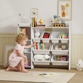 White plastic aiyaplay toy storage unit with 8 removable bins shelves and cabinet for organizing toys