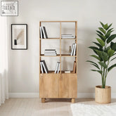 Light wood solid wood bookcase with open cubbies and lower cabinets in a light brown finish ajmer solid wood design