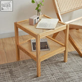 Akana side table with light wood wooden frame featuring woven cane lower shelf and two-tier design for storage