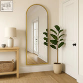 Akiko full length gold metal arched wall mirror with steel frame measuring 160cm by 60cm