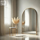 A full length 180x90cm arched mirror with a matte gold metal frame perfect for stylish home decor