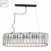 Black metal pendant light with clear glass prisms and a sleek black frame perfect for stylish interiors
