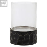 Akola black and gold small hurricane candle holder with black cracked glass base and clear glass cylinder for candles