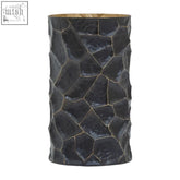 Dark gray textured small vase with gold toned rim and cracked stone like surface akola black and gold small vase