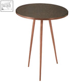 Akola copper finish side table with round copper-coloured tempered glass top and slender tapered legs