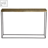 Akola gold console table with textured golden brown wooden top and sleek black metal legs for stylish storage