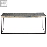 Modern rectangle coffee table akola with speckled gray stone top and sleek black metal frame in silver and glass