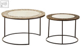 Set of 2 nesting coffee tables from akola set with round mosaic stone tops and black metal frames