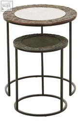 Akola set of 2 round nesting tables with textured dark brown and white marble tops on black metal frames