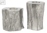 Akola set of two silver tealight holders with silver tree trunk design and rustic textured wood grain finish