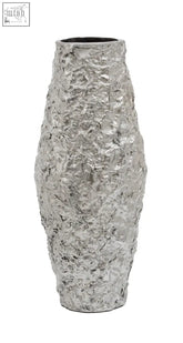 Akola small silver textured metal vase with rough uneven surface resembling crumpled foil ceramic design