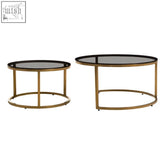 Alana set of 2 gold and black round nesting end tables with gold metal frame and black glass top perfect glass end tables