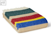 Folded alaska stripe pure new wool throw blanket in teal red yellow and blue with fringed edges size guide included