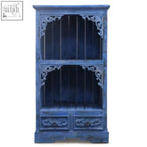 Blue distressed wood albasia bathroom cabinet with ornate carved corners and drawers in bluewash finish