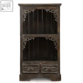 Dark brown wooden bookshelf with ornate carved corners and drawers featured in albasia bathroom cabinet greywash product