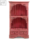 Albasia bathroom cabinet pinkwash with rustic red albasia wood, ornate carved corners, and two base drawers