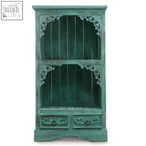 Teal distressed wood albasia bathroom cabinet with ornate carved corners and two drawers in turquoise wash