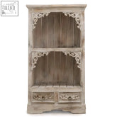Weathered whitewash albasia bathroom cabinet with ornate carved corners and two drawers at the base
