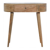 Light wood albion console table with oak finish, single drawer, and tapered legs in an oval shape