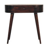 Dark brown walnut console table with single drawer and tapered legs perfect for entryway or living room display