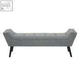 Alea grey fabric bench with tufted grey fabric, black legs, and silver nailhead trim for stylish seating