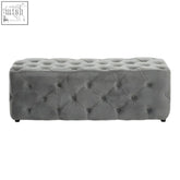 Alea grey velvet button tufted bench with diamond pattern and soft grey velvet button upholstery