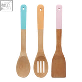 Aleki 3pc bamboo kitchen utensil set with pastel turquoise peach and pink handles for cooking and serving
