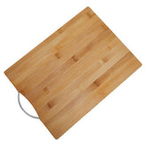 Aleki large bamboo cutting board with light brown bamboo surface and silver metal handle for chopping tasks