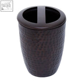 Allegra bronze toothbrush holder in dark bronze with hammered metal texture and lid slots for holding brushes