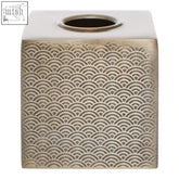 Silver-toned allegra etched metallic tissue box with textured wave pattern and circular opening on top