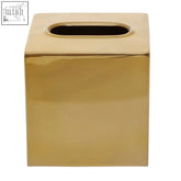 Allegra gold tissue box with gold finish, sleek polished metallic square design, and oval opening on top